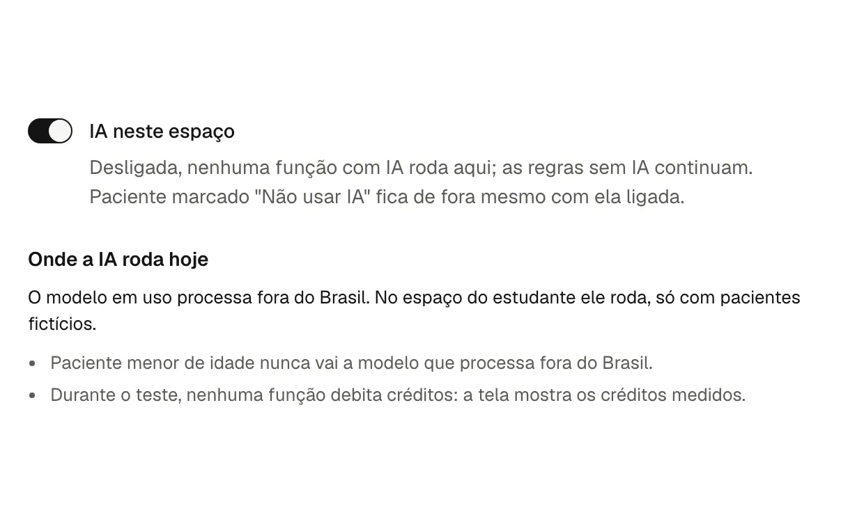 Configurações da IA no espaço do estudante: a chave IA neste espaço ligada e a explicação de onde a IA roda hoje.