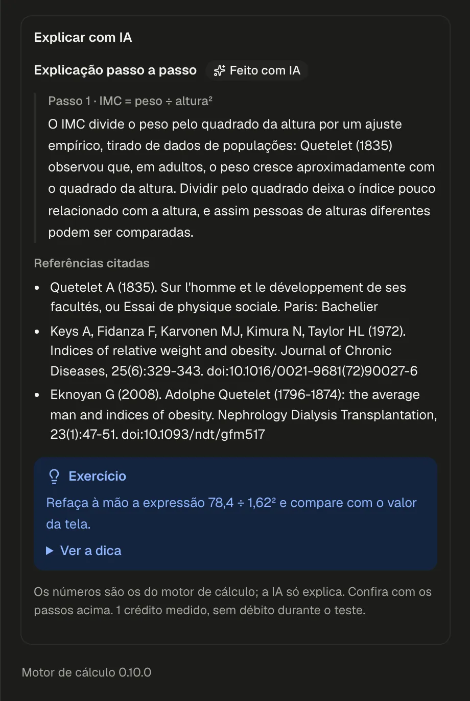 Explicar com IA na memória de cálculo do IMC de um caso fictício: explicação passo a passo marcada como Feito com IA, referências citadas, um exercício e o aviso de que os números são os do motor.